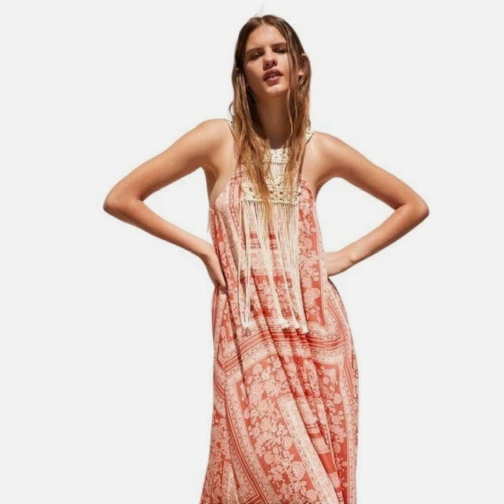 ZARA Boho Floral-Patch Maxi Dress with Crochet Neck and Fringe XS/S